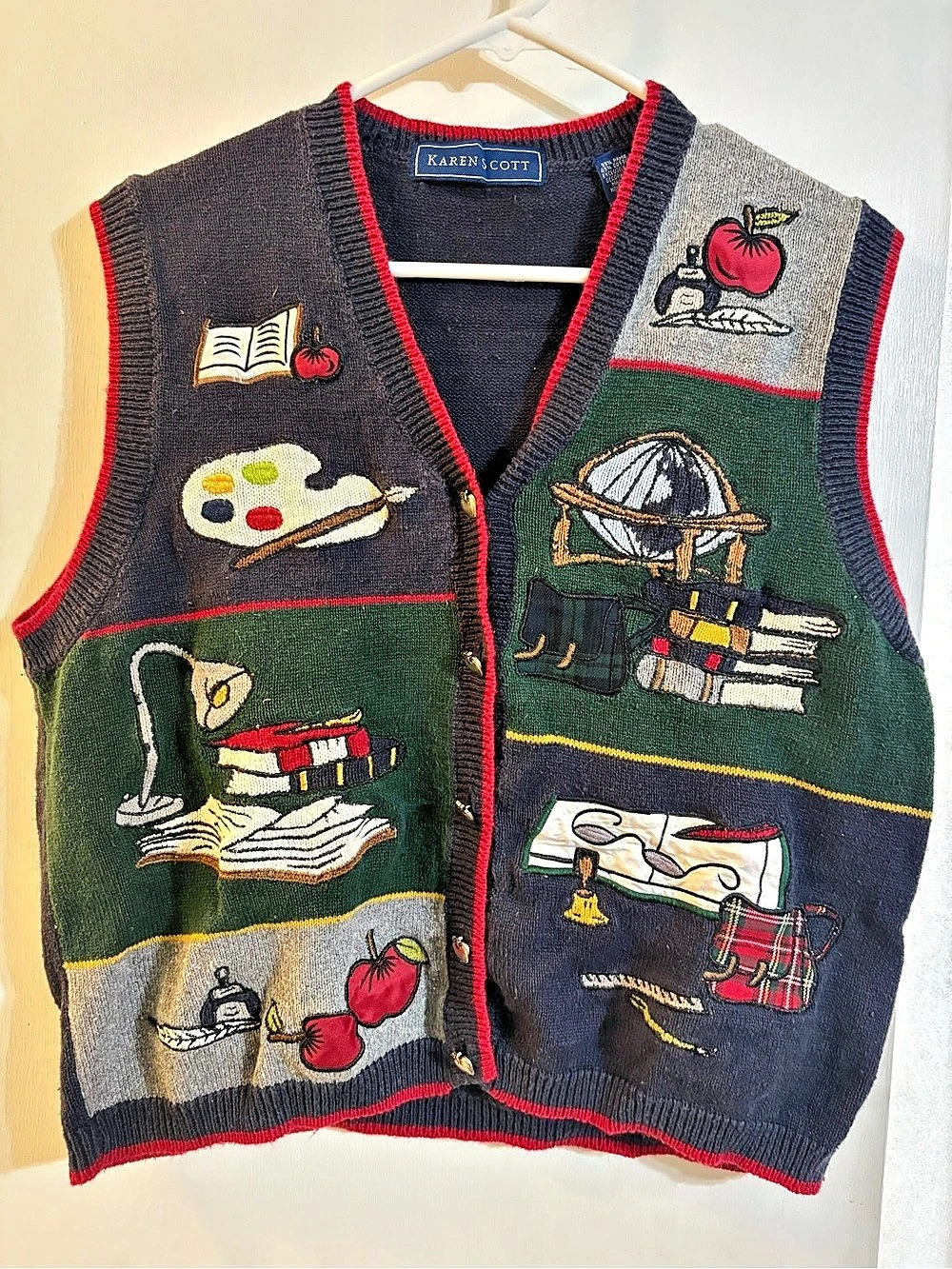 Karen Scott Vintage School Teacher School Applique Cardigan Vest